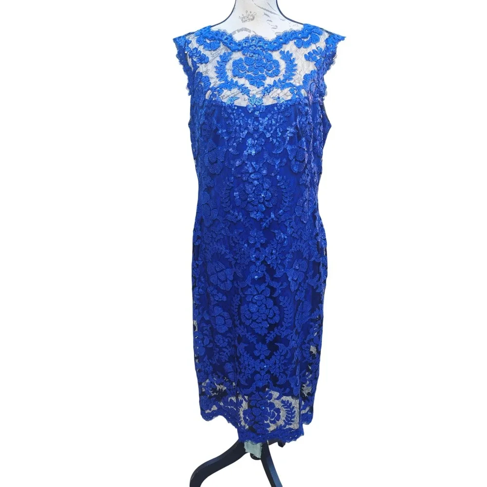Tadashi Shoji Paillette Embroidered Lace Sheath Royal Blue Sequin Dress‎ 14